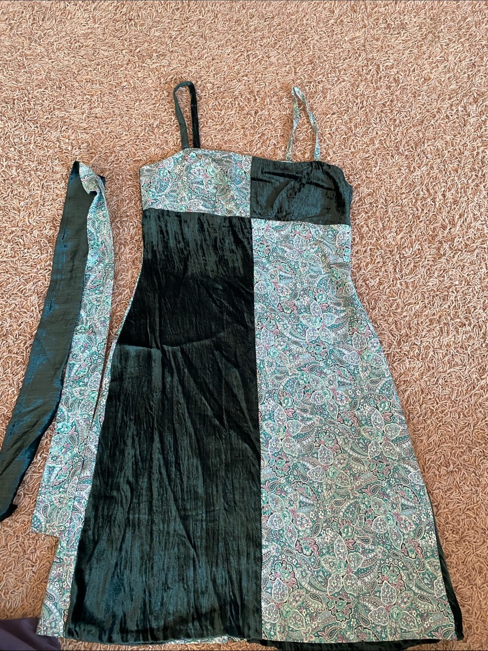 Women's Green Paisley & Velvet Panel Slip Dress